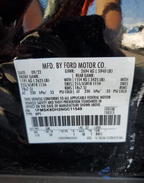 2022 Ford Explorer Xlt z USA, uszkodzony, nr VIN 1FMSK8DH2NGC11549